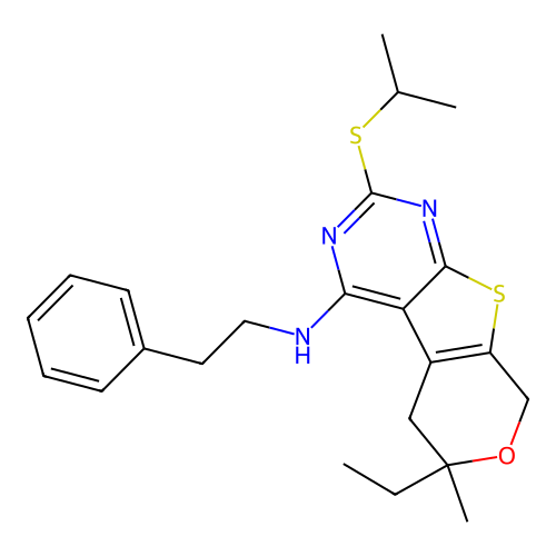 6-ethyl-2-(isopropylthio)-6-methyl-N-phenethyl-6,8-dihydro-5H-pyrano[4',3':4,5]thieno[2,3-d]pyrimidin-4-amine structure
