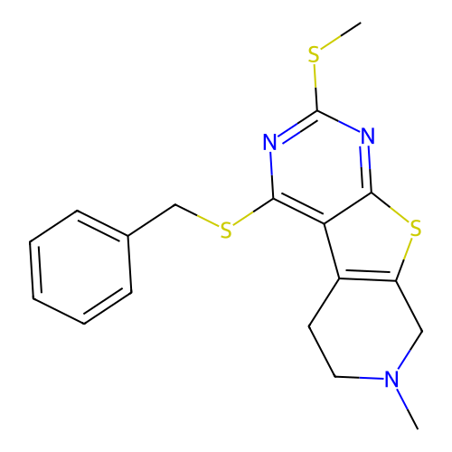 4-(benzylsulfanyl)-7-methyl-2-(methylsulfanyl)-5,6,7,8-tetrahydropyrido[4',3':4,5]thieno[2,3-d]pyrimidine structure