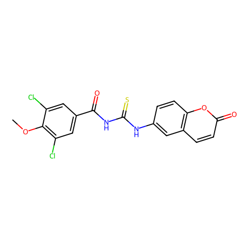 3,5-dichloro-4-methoxy-N-((2-oxo-2H-chromen-6-yl)carbamothioyl)benzamide structure
