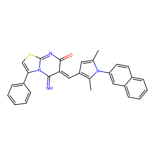 (6Z)-6-[(2,5-dimethyl-1-naphthalen-2-ylpyrrol-3-yl)methylidene]-5-imino-3-phenyl-[1,3]thiazolo[3,2-a]pyrimidin-7-one structure