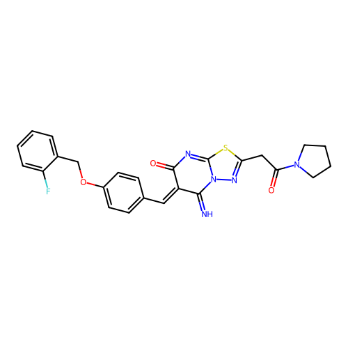 (6Z)-6-[[4-[(2-fluorophenyl)methoxy]phenyl]methylidene]-5-imino-2-(2-oxo-2-pyrrolidin-1-ylethyl)-[1,3,4]thiadiazolo[3,2-a]pyrimidin-7-one structure