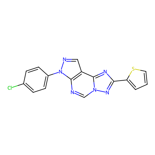 7-(4-chlorophenyl)-2-(thiophen-2-yl)-7H-pyrazolo[4,3-e][1,2,4]triazolo[1,5-c]pyrimidine structure