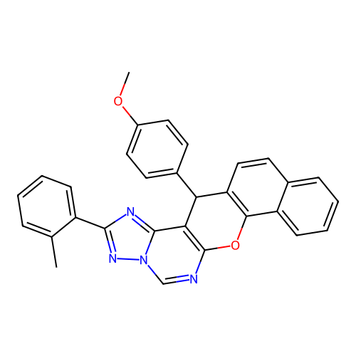 14-(4-methoxyphenyl)-2-(2-methylphenyl)-14H-benzo[7,8]chromeno[3,2-e][1,2,4]triazolo[1,5-c]pyrimidine structure