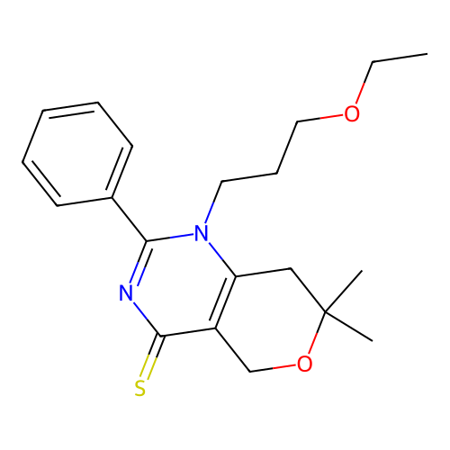 1-(3-ethoxypropyl)-7,7-dimethyl-2-phenyl-5,8-dihydropyrano[4,3-d]pyrimidine-4-thione structure