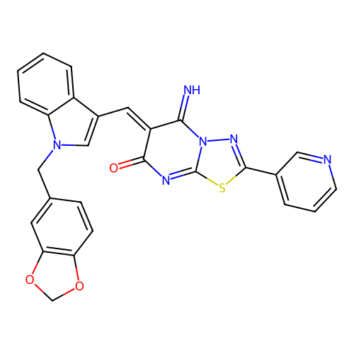 (6Z)-6-[[1-(1,3-benzodioxol-5-ylmethyl)indol-3-yl]methylidene]-5-imino-2-pyridin-3-yl-[1,3,4]thiadiazolo[3,2-a]pyrimidin-7-one structure