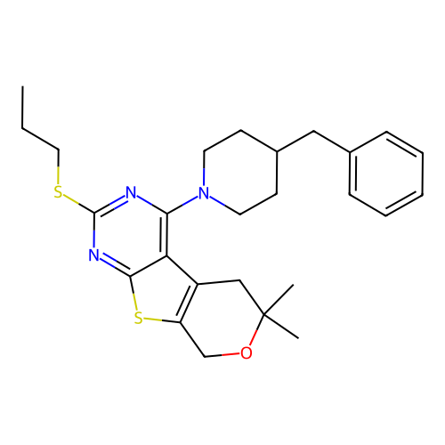 4-(4-benzylpiperidin-1-yl)-6,6-dimethyl-2-(propylsulfanyl)-5,8-dihydro-6H-pyrano[4',3':4,5]thieno[2,3-d]pyrimidine structure