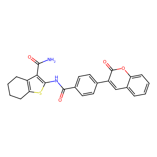 2-(4-(2-oxo-2H-chromen-3-yl)benzamido)-4,5,6,7-tetrahydrobenzo[b]thiophene-3-carboxamide structure