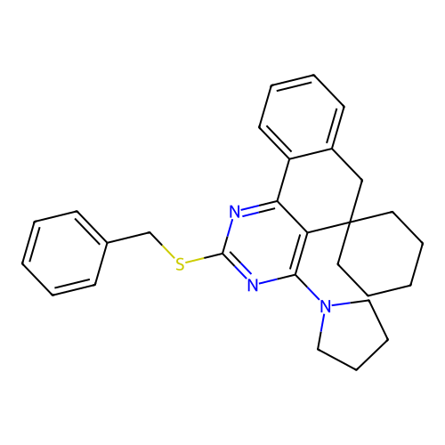 2-(benzylsulfanyl)-4-(pyrrolidin-1-yl)-6H-spiro[benzo[h]quinazoline-5,1'-cyclohexane] structure