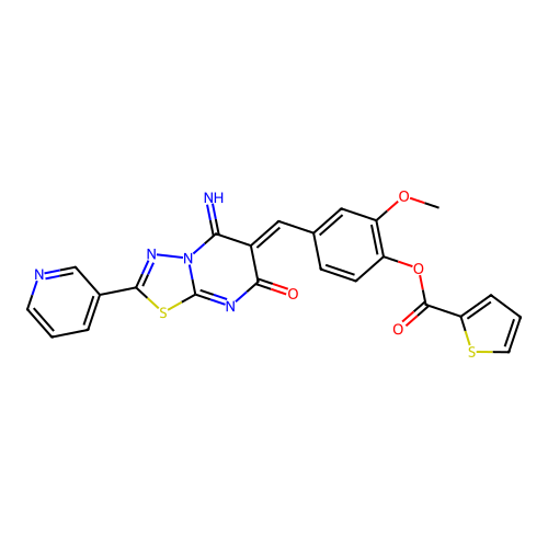 (Z)-4-((5-imino-7-oxo-2-(pyridin-3-yl)-5H-[1,3,4]thiadiazolo[3,2-a]pyrimidin-6(7H)-ylidene)methyl)-2-methoxyphenyl thiophene-2-carboxylate structure