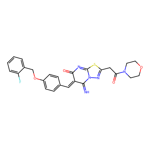 (6Z)-6-[[4-[(2-fluorophenyl)methoxy]phenyl]methylidene]-5-imino-2-(2-morpholin-4-yl-2-oxoethyl)-[1,3,4]thiadiazolo[3,2-a]pyrimidin-7-one structure