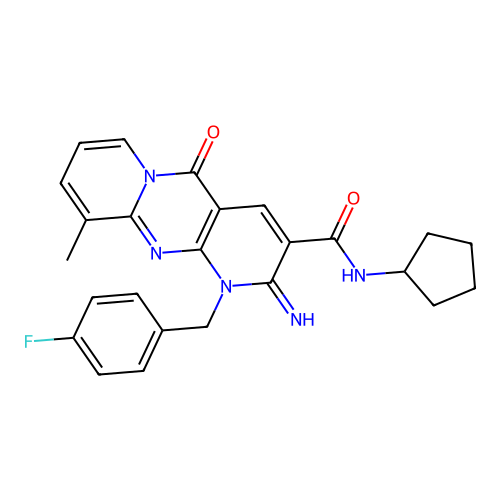 N-cyclopentyl{1-[(4-fluorophenyl)methyl]-2-imino-10-methyl-5-oxo(1,6-dihydropy ridino[2,3-d]pyridino[1,2-a]pyrimidin-3-yl)}carboxamide structure