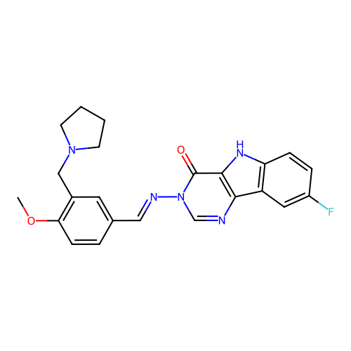 (E)-8-fluoro-3-((4-methoxy-3-(pyrrolidin-1-ylmethyl)benzylidene)amino)-3H-pyrimido[5,4-b]indol-4(5H)-one structure