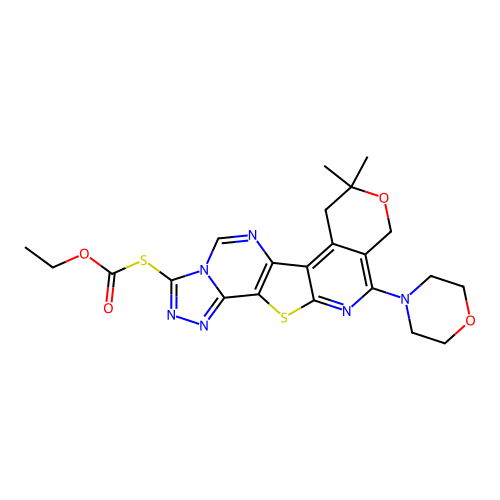 S-(8,8-dimethyl-11-morpholino-8,10-dihydro-7H-pyrano[4'',3'':4',5']pyrido[3',2':4,5]thieno[2,3-e][1,2,4]triazolo[4,3-c]pyrimidin-3-yl) O-ethyl carbonothioate structure