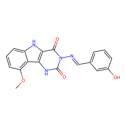 3-((3-hydroxybenzylidene)amino)-9-methoxy-1H-pyrimido[5,4-b]indole-2,4(3H,5H)-dione structure
