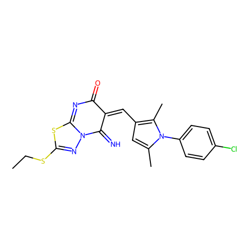 (6E)-6-[[1-(4-chlorophenyl)-2,5-dimethylpyrrol-3-yl]methylidene]-2-ethylsulfanyl-5-imino-[1,3,4]thiadiazolo[3,2-a]pyrimidin-7-one structure