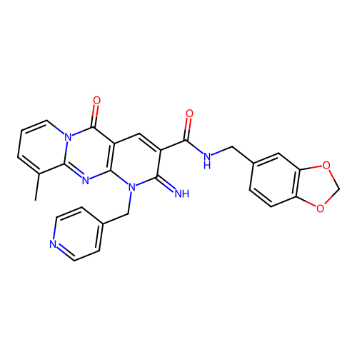 N~3~-(1,3-benzodioxol-5-ylmethyl)-2-imino-10-methyl-5-oxo-1-(4-pyridylmethyl)-1,5-dihydro-2H-dipyrido[1,2-a:2,3-d]pyrimidine-3-carboxamide structure