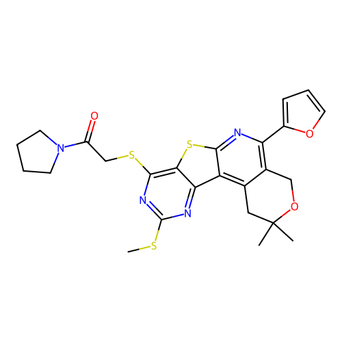 2-((5-(furan-2-yl)-2,2-dimethyl-10-(methylthio)-2,4-dihydro-1H-pyrano[4'',3'':4',5']pyrido[3',2':4,5]thieno[3,2-d]pyrimidin-8-yl)thio)-1-(pyrrolidin-1-yl)ethanone structure