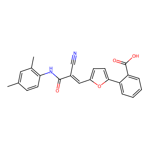 2-[5-[(E)-2-cyano-3-(2,4-dimethylanilino)-3-oxoprop-1-enyl]furan-2-yl]benzoic acid structure