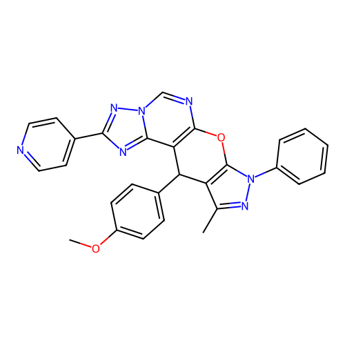 11-(4-methoxyphenyl)-10-methyl-8-phenyl-2-(pyridin-4-yl)-8,11-dihydropyrazolo[4',3':5,6]pyrano[3,2-e][1,2,4]triazolo[1,5-c]pyrimidine structure