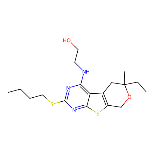 2-{[2-(butylsulfanyl)-6-ethyl-6-methyl-5,8-dihydro-6H-pyrano[4',3':4,5]thieno[2,3-d]pyrimidin-4-yl]amino}ethanol structure