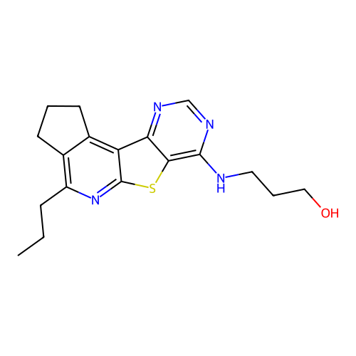 3-((4-propyl-2,3-dihydro-1H-cyclopenta[4',5']pyrido[3',2':4,5]thieno[3,2-d]pyrimidin-7-yl)amino)propan-1-ol structure
