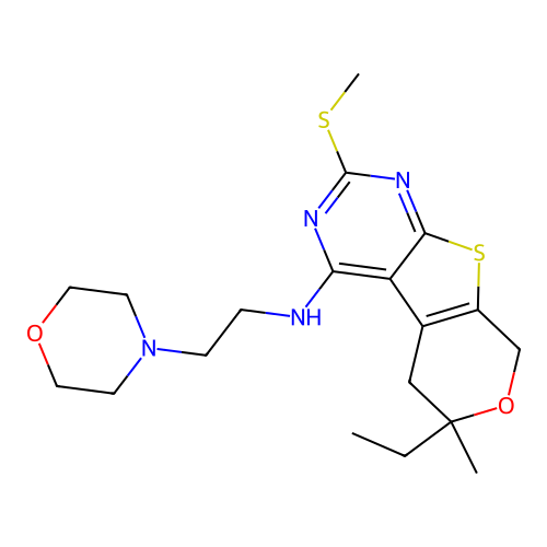 6-ethyl-6-methyl-2-(methylsulfanyl)-N-[2-(morpholin-4-yl)ethyl]-5,8-dihydro-6H-pyrano[4',3':4,5]thieno[2,3-d]pyrimidin-4-amine structure