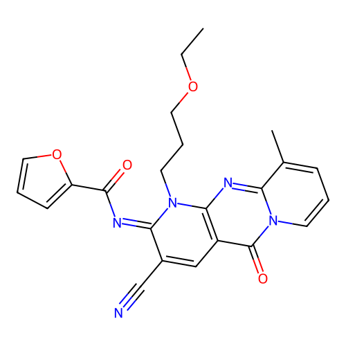 (E)-N-(3-cyano-1-(3-ethoxypropyl)-10-methyl-5-oxo-1H-dipyrido[1,2-a:2',3'-d]pyrimidin-2(5H)-ylidene)furan-2-carboxamide structure