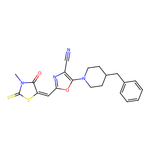 (E)-5-(4-benzylpiperidin-1-yl)-2-((3-methyl-4-oxo-2-thioxothiazolidin-5-ylidene)methyl)oxazole-4-carbonitrile structure