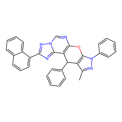 10-methyl-2-(naphthalen-1-yl)-8,11-diphenyl-8,11-dihydropyrazolo[4',3':5,6]pyrano[3,2-e][1,2,4]triazolo[1,5-c]pyrimidine structure