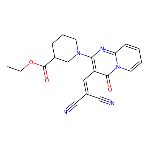 ethyl 1-[3-(2,2-dicyanoethenyl)-4-oxopyrido[1,2-a]pyrimidin-2-yl]piperidine-3-carboxylate structure