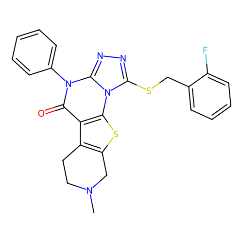 1-((2-fluorobenzyl)thio)-8-methyl-4-phenyl-6,7,8,9-tetrahydropyrido[4',3':4,5]thieno[3,2-e][1,2,4]triazolo[4,3-a]pyrimidin-5(4H)-one structure