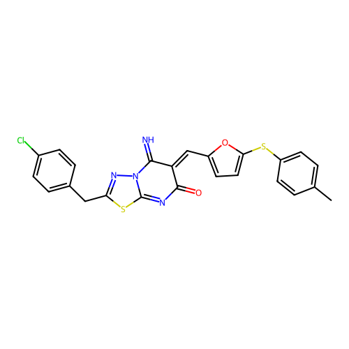 (Z)-2-(4-chlorobenzyl)-5-imino-6-((5-(p-tolylthio)furan-2-yl)methylene)-5H-[1,3,4]thiadiazolo[3,2-a]pyrimidin-7(6H)-one structure
