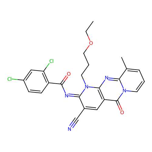 (Z)-2,4-dichloro-N-(3-cyano-1-(3-ethoxypropyl)-10-methyl-5-oxo-1H-dipyrido[1,2-a:2',3'-d]pyrimidin-2(5H)-ylidene)benzamide structure