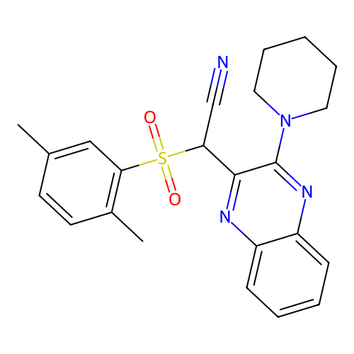 2-((2,5-dimethylphenyl)sulfonyl)-2-(3-(piperidin-1-yl)quinoxalin-2-yl)acetonitrile structure