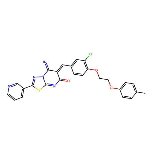(6Z)-6-[[3-chloro-4-[2-(4-methylphenoxy)ethoxy]phenyl]methylidene]-5-imino-2-pyridin-3-yl-[1,3,4]thiadiazolo[3,2-a]pyrimidin-7-one structure