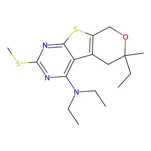 N,N,6-triethyl-6-methyl-2-(methylsulfanyl)-5,8-dihydro-6H-pyrano[4',3':4,5]thieno[2,3-d]pyrimidin-4-amine structure