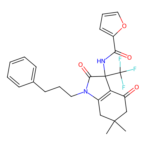 N-(6,6-dimethyl-2,4-dioxo-1-(3-phenylpropyl)-3-(trifluoromethyl)-2,3,4,5,6,7-hexahydro-1H-indol-3-yl)furan-2-carboxamide structure