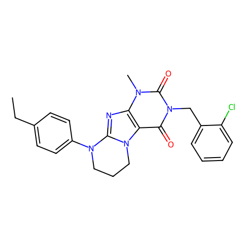 3-(2-chlorobenzyl)-9-(4-ethylphenyl)-1-methyl-6,7,8,9-tetrahydropyrimido[2,1-f]purine-2,4(1H,3H)-dione structure