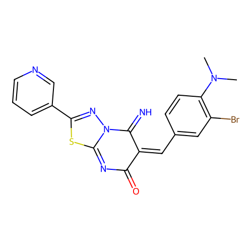 (E)-6-(3-bromo-4-(dimethylamino)benzylidene)-5-imino-2-(pyridin-3-yl)-5H-[1,3,4]thiadiazolo[3,2-a]pyrimidin-7(6H)-one structure