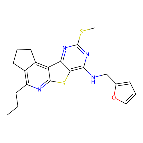 N-(furan-2-ylmethyl)-9-(methylsulfanyl)-4-propyl-2,3-dihydro-1H-cyclopenta[4',5']pyrido[3',2':4,5]thieno[3,2-d]pyrimidin-7-amine structure