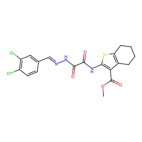 (E)-methyl 2-(2-(2-(3,4-dichlorobenzylidene)hydrazinyl)-2-oxoacetamido)-4,5,6,7-tetrahydrobenzo[b]thiophene-3-carboxylate structure