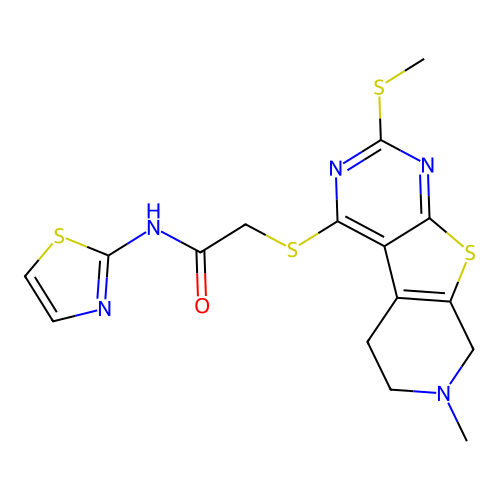 2-((7-methyl-2-(methylthio)-5,6,7,8-tetrahydropyrido[4',3':4,5]thieno[2,3-d]pyrimidin-4-yl)thio)-N-(thiazol-2-yl)acetamide structure