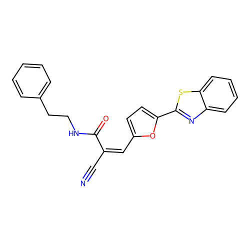 (Z)-3-(5-(benzo[d]thiazol-2-yl)furan-2-yl)-2-cyano-N-phenethylacrylamide structure