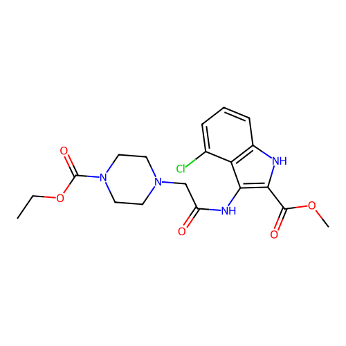 methyl 4-chloro-3-(2-(4-(ethoxycarbonyl)piperazin-1-yl)acetamido)-1H-indole-2-carboxylate structure