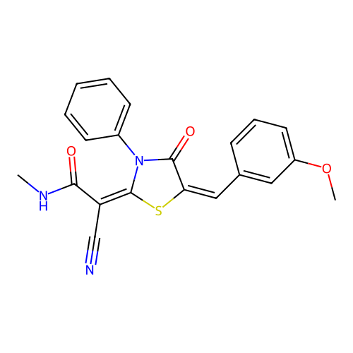 (2E)-2-cyano-2-[(5E)-5-(3-methoxybenzylidene)-4-oxo-3-phenyl-1,3-thiazolidin-2-ylidene]-N-methylethanamide structure