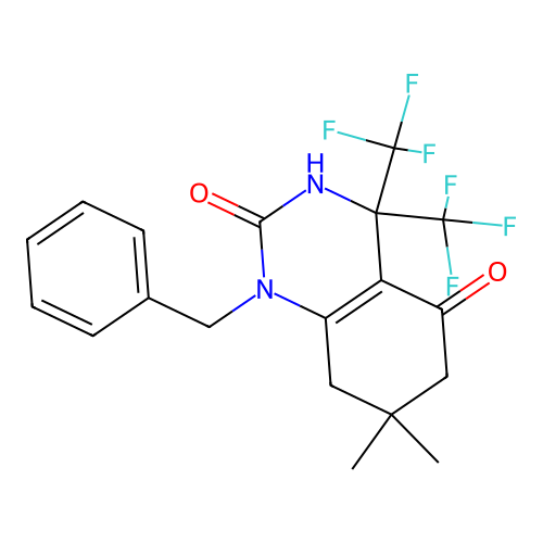 1-benzyl-7,7-dimethyl-4,4-bis(trifluoromethyl)-6,8-dihydro-3H-quinazoline-2,5-dione structure