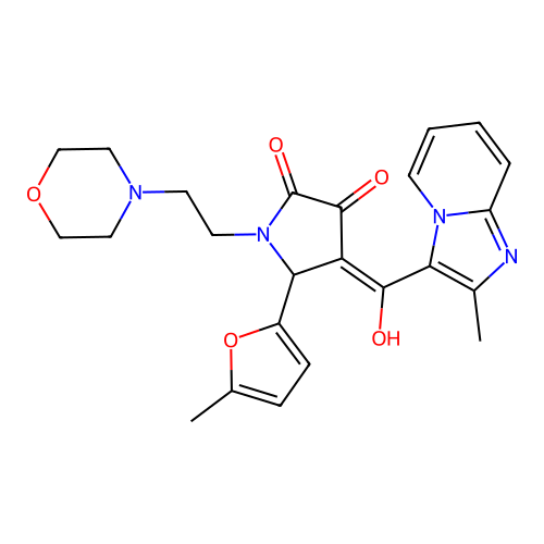 (4E)-4-[hydroxy-(2-methylimidazo[1,2-a]pyridin-3-yl)methylidene]-5-(5-methylfuran-2-yl)-1-(2-morpholin-4-ylethyl)pyrrolidine-2,3-dione structure