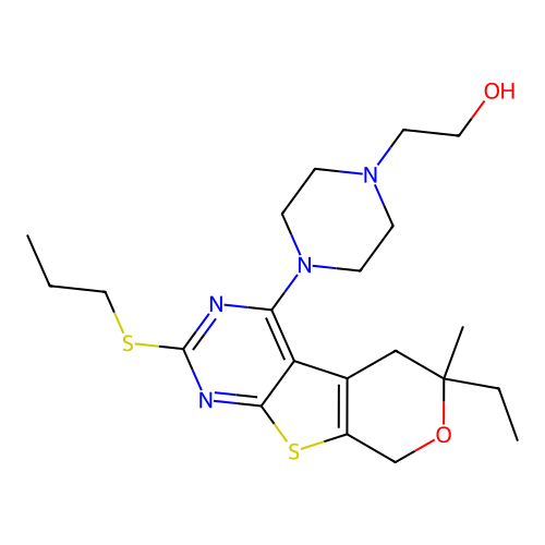 2-(4-(6-ethyl-6-methyl-2-(propylthio)-6,8-dihydro-5H-pyrano[4',3':4,5]thieno[2,3-d]pyrimidin-4-yl)piperazin-1-yl)ethanol structure