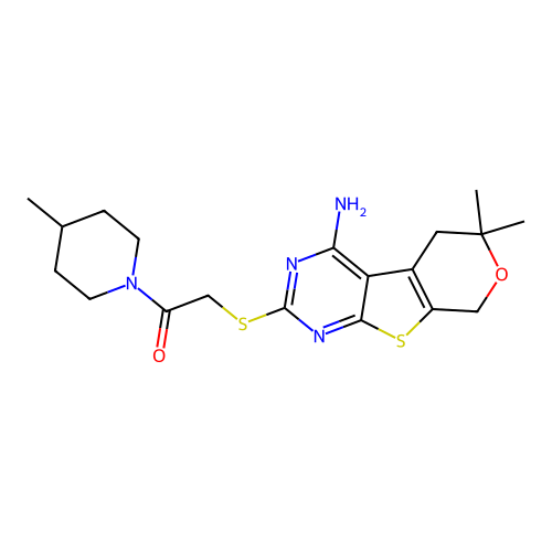 2-((4-amino-6,6-dimethyl-6,8-dihydro-5H-pyrano[4',3':4,5]thieno[2,3-d]pyrimidin-2-yl)thio)-1-(4-methylpiperidin-1-yl)ethanone structure