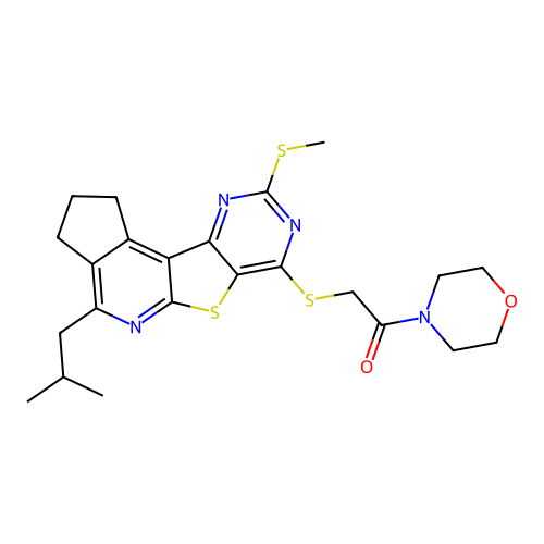 2-((4-isobutyl-9-(methylthio)-2,3-dihydro-1H-cyclopenta[4',5']pyrido[3',2':4,5]thieno[3,2-d]pyrimidin-7-yl)thio)-1-morpholinoethanone structure